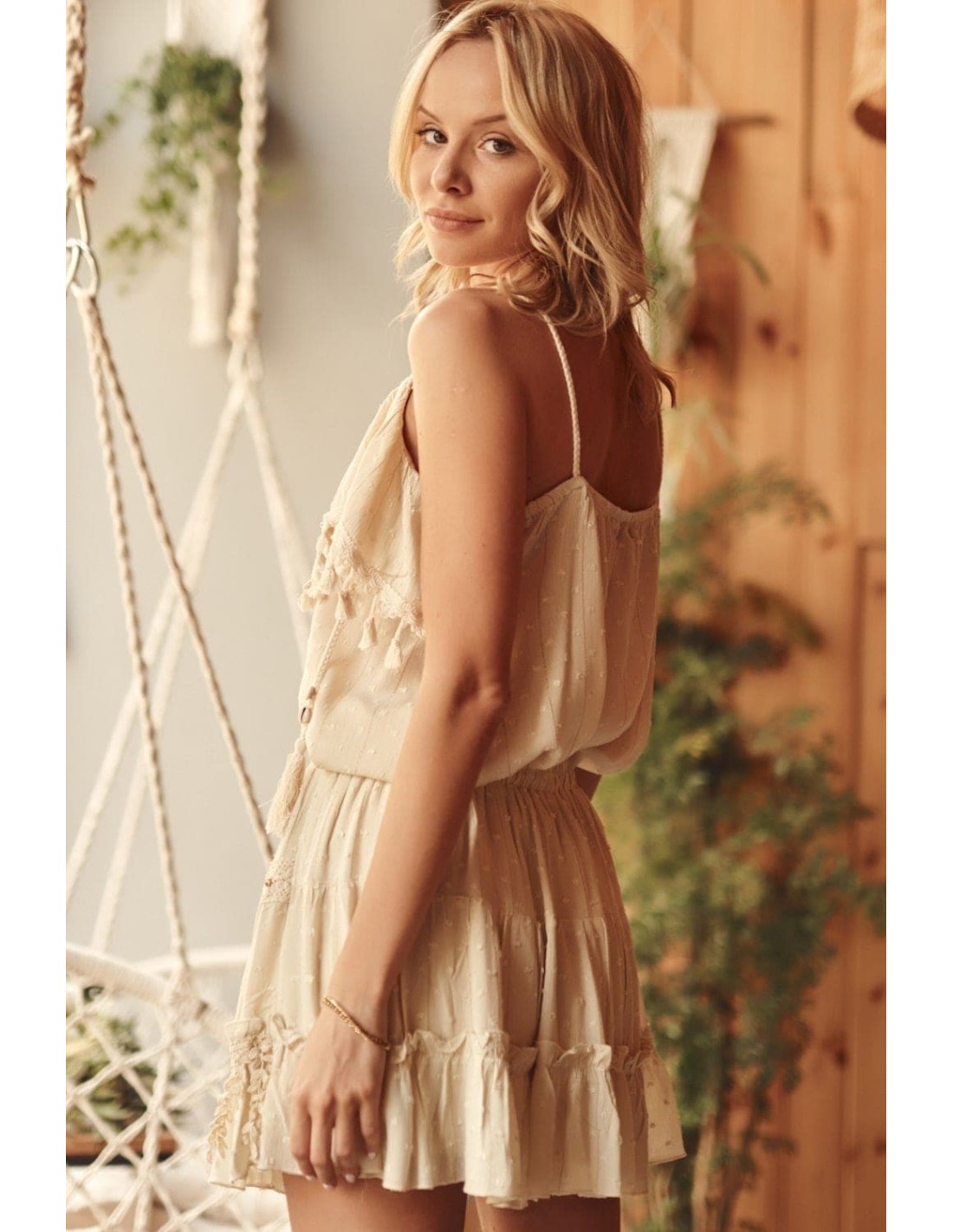 Boho-Bluse mit Quasten an den Trägern, Beige 4509 – Online-Shop – Boutique